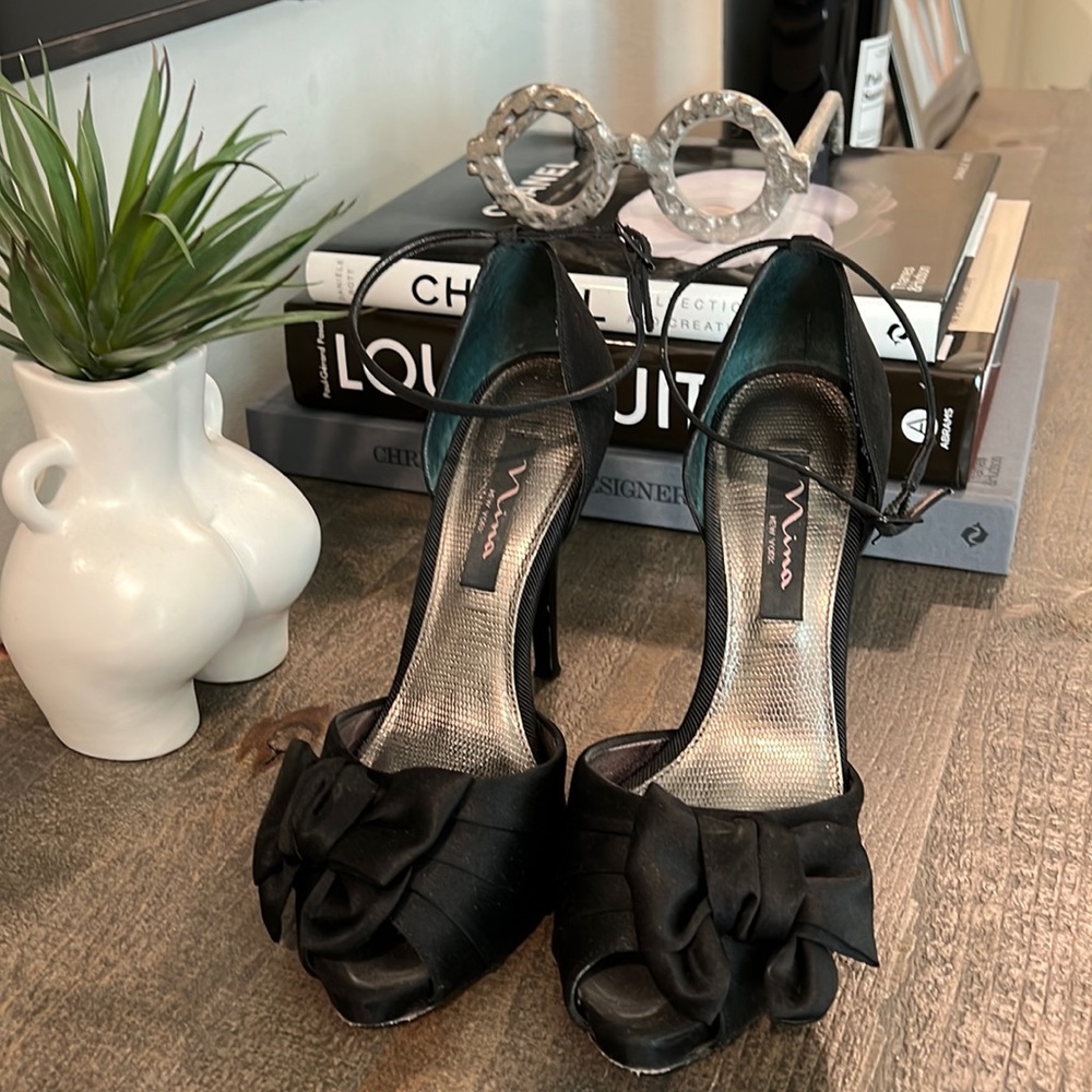 Size 7 1/5 black satin wedding shoe or cocktail evening shoe. By Nina